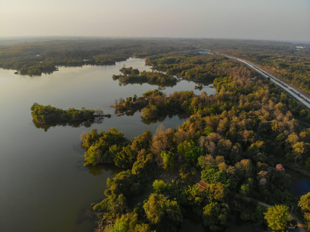 An aerial shot of a shore covered in trees near the water under a cloudy skyの写真素材
