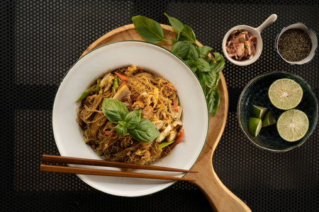 An overhead shot of a dish with noodles and vegetables in a white bowl with a chopstick on top