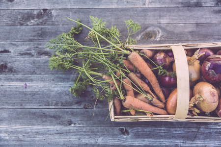 A lot of carrots and onions in a brown wicker basket on a grey wooden surfaceの写真素材