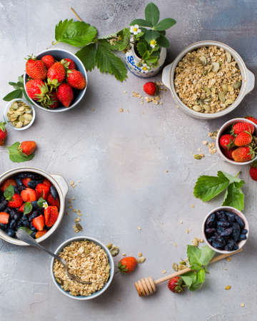 A vertical overhead shot of bowls filled with oats, strawberries and blue fruitsの写真素材