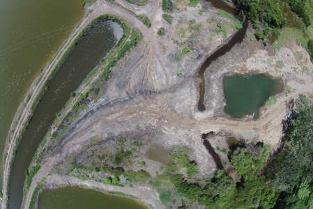 An aerial shot of a dirty polluted lake