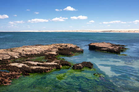 A scenic view of a rocky beach with clear blue water on a sunny day