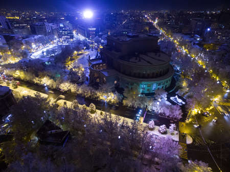 An aerial overhead shot of the beautiful center of the city of Yerevan at nightの写真素材