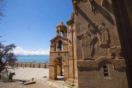 Armenian Cathedral Church of Holy Cross on Akdamar Island. Turkey. Overcast, decoration.の写真素材