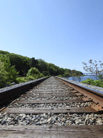 A vertical shot of a railway with a lot of stones between the sea and green tree forestの写真素材