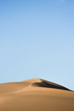 A vertical shot of sand dunes in a desert with the blue sky in the back during the day. Perfect for...