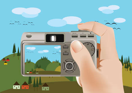 An illustration of a person holding a digital camera and capturing nature