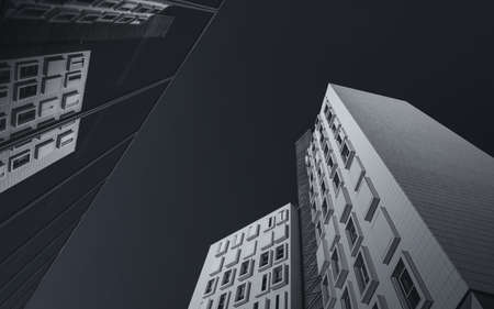 A low angle worm's-eye view shot of modern white buildings with rectangular windows
