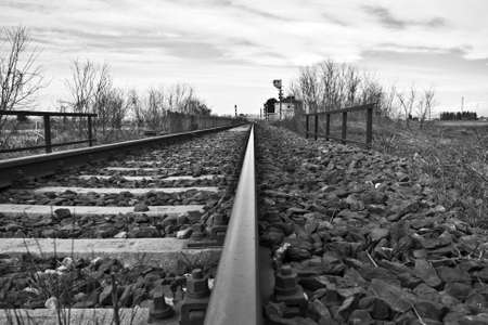 A close shot of train tracks in rocks near leafless trees under a cloudy sky in black and whiteの写真素材