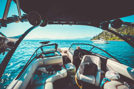 A horizontal shot of the inside of a motorboat on the beautiful sea on a sunny day