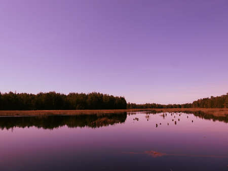 A wide shot of a beautiful lake with the reflection of surrounding trees under the colorful sky