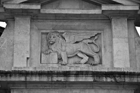 A close shot of a wall with a lion sculpting in black and whiteの写真素材