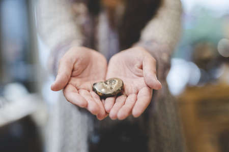 A closeup shot of a female holding a snail with a blurred backgroundの写真素材
