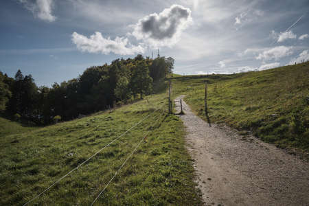 the way through hills and meadows in Jura mountains, Kanton Solothurn, Switzerlandの写真素材