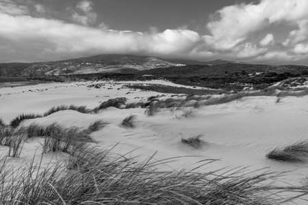 A beautiful grayscale shot of a landscape with grass covered with sand surrounded by mountains under...