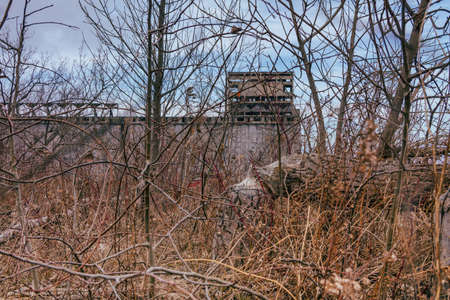 An abandoned building surrounded by bushes and bare trees under the blue skyの写真素材
