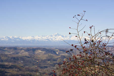 An overlooking view of brown hills with a mountain range covered with snow in the backgroundの写真素材