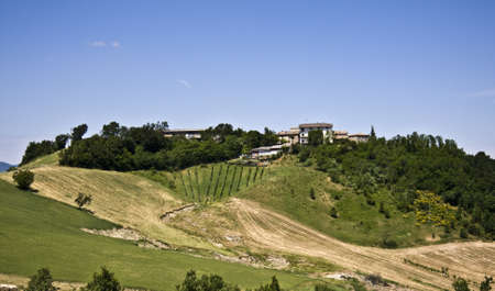 A mesmerizing shot of the rural houses surrounded by greenery under a blue sky