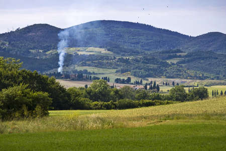 A beautiful view of a grass field with a mountain in the background