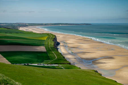 A beautiful shot of a green landscape near the beach under the beautiful clear skyの写真素材
