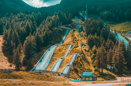 A beautiful scenery of high hills covered with larch trees and trails under cloudy sky in ...