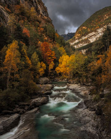 Mountain scene in sall season, with a river flow, and autumn coloured trees. It was taken in Ordesa National Park, in Spainの写真素材