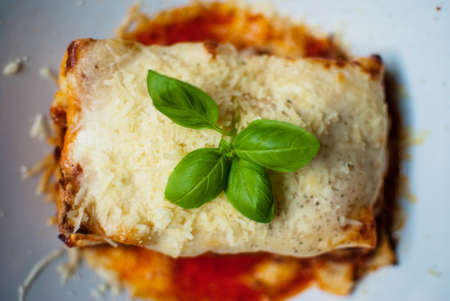 A high angle closeup shot of a delicious lasagna - perfect for a food blog