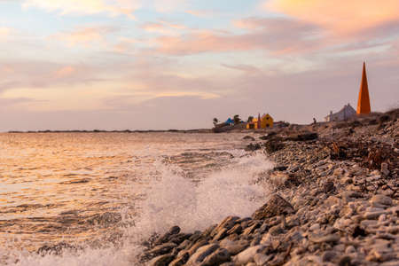 A block of historic red slave huts in Bonaire, Caribbeanの写真素材