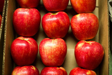 A cardboard box with perfectly arranged red apples in a market