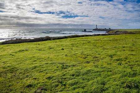 A beautiful shot of ocean waves moving towards the green shore under the cloudy skyの写真素材