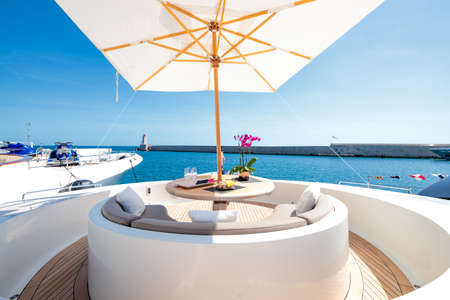 A cafe on the cruise ship with blue sea and clear sky