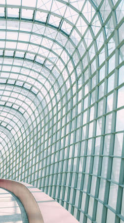 A vertical shot of a hallway with glass walls and ceiling