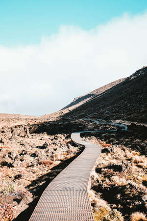 A vertical shot of a boardwalk in the mountains under the cloudy skyの写真素材