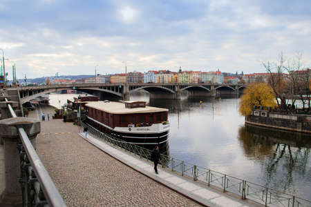 PRAGUE, CZECH REPUBLIC - Nov 24, 2019: Boat hotel Klotylda on the vltava riverのeditorial素材