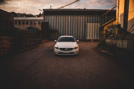 TURKU, FINLAND - Jul 28, 2019: A white car in a public area during the daytime in Finlandのeditorial素材