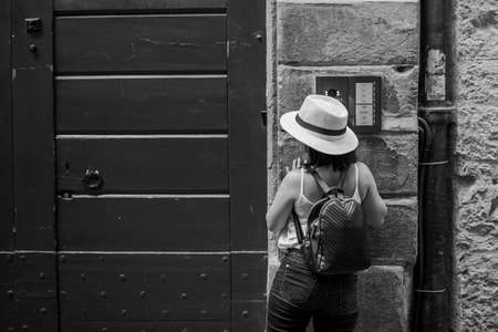 BERGAMO, ITALY - Feb 01, 2019: People, things, animal, in the street around CittÃ  Alta, Bergamoのeditorial素材