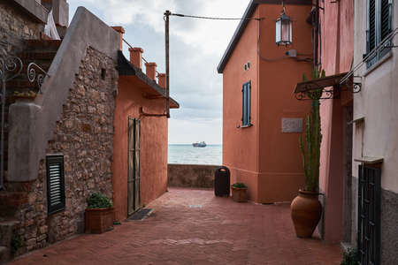 A horizontal shot of brown houses in a coastal town with a ship visible in the distance.のeditorial素材