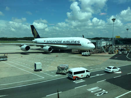 SINGAPORE, SINGAPORE - Jul 09, 2018: singapore airlines A380 on tarmac after landingのeditorial素材