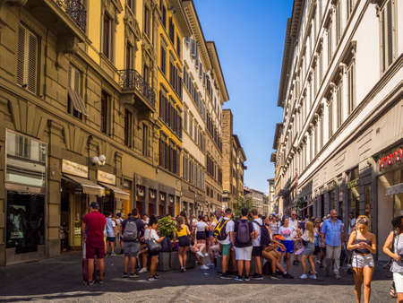 FLORENCE, ITALY - Jul 05, 2019: Street and old medieval houses at historic center of Florence, Tuscany, Italy. Florence is a popular tourist destination of Europeのeditorial素材