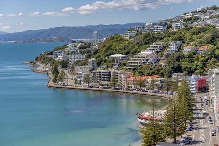WELLINGTON NEW ZEALAND, NEW ZEALAND - Feb 09, 2017: WEllington's Oriental Bay showing the beautiful harbour and expensive apartmentsのeditorial素材