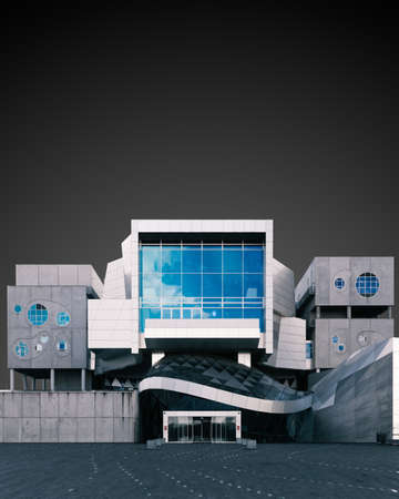 A vertical illustration of an exotic structure on a black background