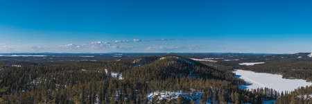 A panoramic aerial shot of the beautiful spruce forest covered with snow in winterの写真素材