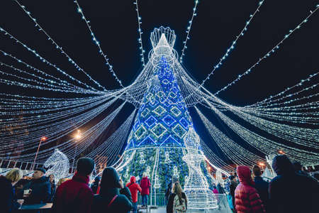 A low angle shot of a lit up Christmas tree surrounded by many people at nightの写真素材