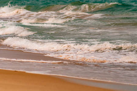 A beautiful shot of the foamy white ocean waves soaking the sandy ocean shore