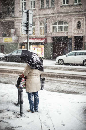 A vertical shot of a person with an umbrella standing under the snow by a streetの写真素材