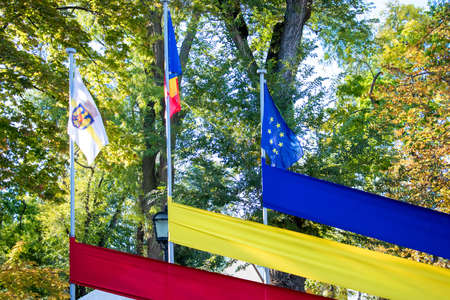 The flags of the European Union, Republic of Moldova and Chisinau municipalityの写真素材