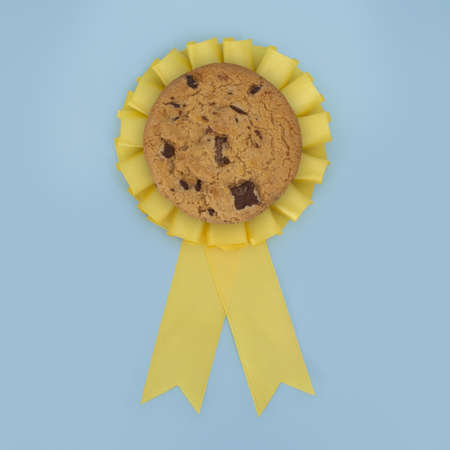 A closeup shot of a chocolate chip cookie in a ribbon