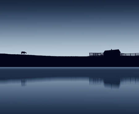 A scenery of a horse silhouette walking at the lake during nighttimeの写真素材