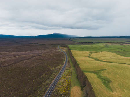 A high angle shot of a road in the middle of a field covered in trees under a cloudy skyの写真素材