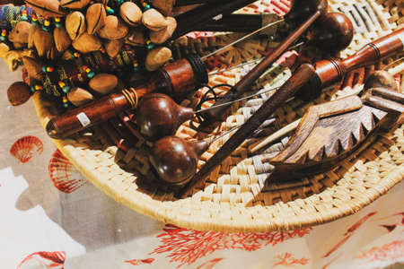 A high angle closeup shot of vintage wooden belongings captured in San Teodoro, Sardiniaの写真素材